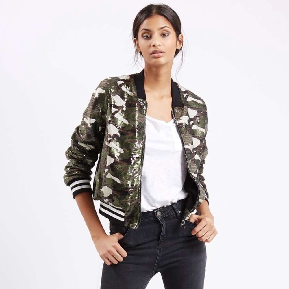 Topshop Camo Sequin Bomber Jacket